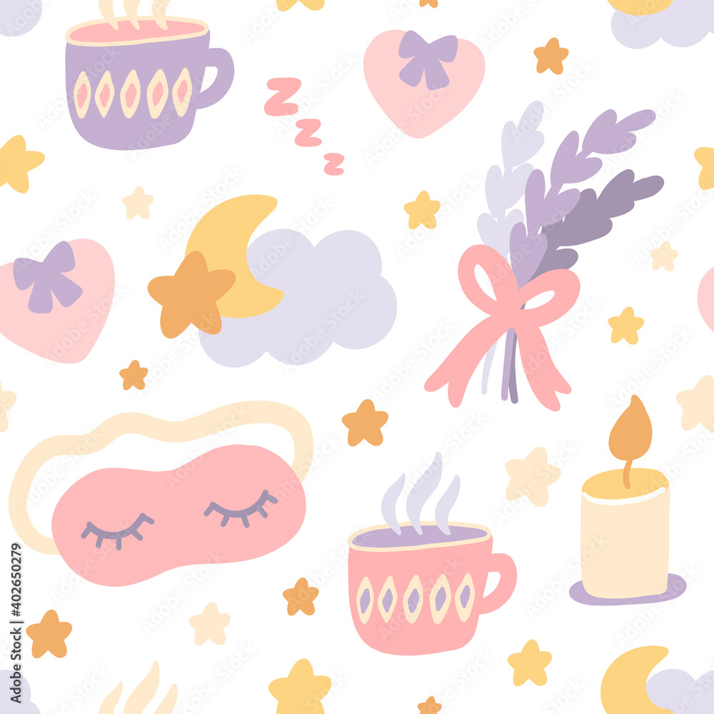 Seamless pattern with lavender bouquet, cloud, moon, stars, sleep mask, tea cup, candle. Beautiful print design for home decor, textile, packaging, wrapping paper etc. Seamless pattern with lavender bouquet, cloud, moon, stars, sleep mask, tea cup, candle. Beautiful print design for home decor, textile, packaging, wrapping paper etc.