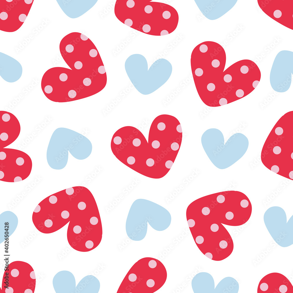 Simple vector pattern with red and blue hearts in cartoon style. For wrapping paper, gift bags, textile. Simple vector pattern with red and blue hearts in cartoon style. For wrapping paper, gift bags, textile.