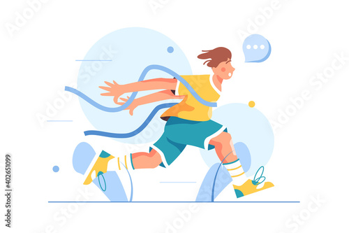 Guy athlete finishes in running competition, crosses the tape, came running first, isolated on white background, flat vector illustration