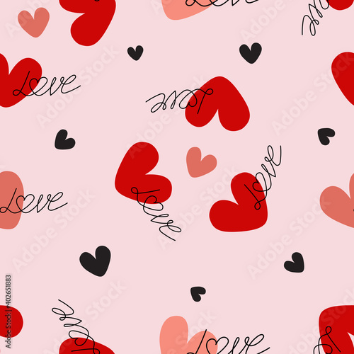Pattern with the hand drawn love lettering and hearts . Vector endless texture on white background. Valentine's day, wedding cards or posters, textile print, wrapping paper