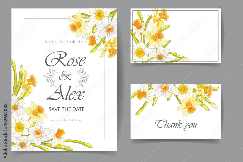 A set of invitations and business cards for a celebration, holiday, anniversary. Decorated with spring daffodils. Vector illustration in a flat style.