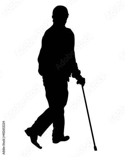 Old man on crutches is walking down the street. Isolated silhouettes on white background