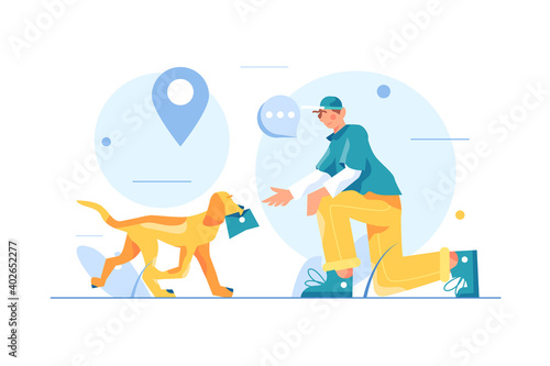 The dog brings the guy a letter in his mouth, the guy sits on his knee and stretches out his hand, big blue pin isolated on white background, flat vector illustration
