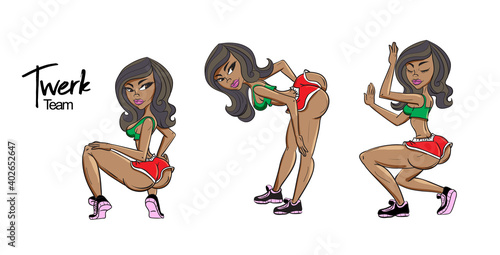 Twerk poster design. Cartoon style girl. Poster for booty dance course or battle. Vector illustration.