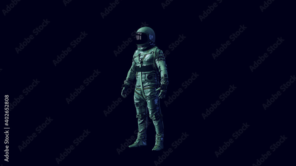 Astronaut with Black Visor and Silver Spacewalk Spacesuit with Blue and Green Moody 80s lighting 3d illustration render