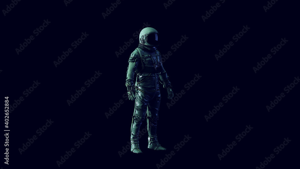 Astronaut with Black Visor and Silver Spacewalk Spacesuit with Blue and Green Moody 80s lighting 3d illustration render Astronaut with Black Visor and Silver Spacewalk Spacesuit with Blue and Green Moody 80s lighting 3d illustration render