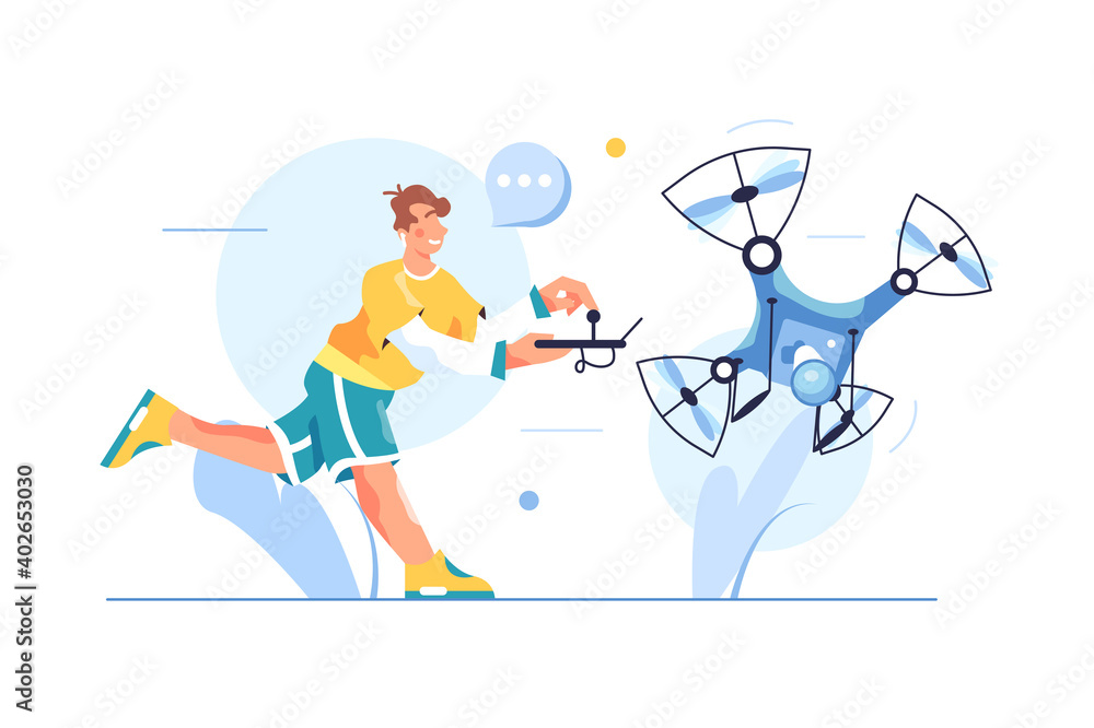 Fototapeta premium The guy controls a drone with a video camera, guy runs with control panel isolated on white background, flat vector illustration