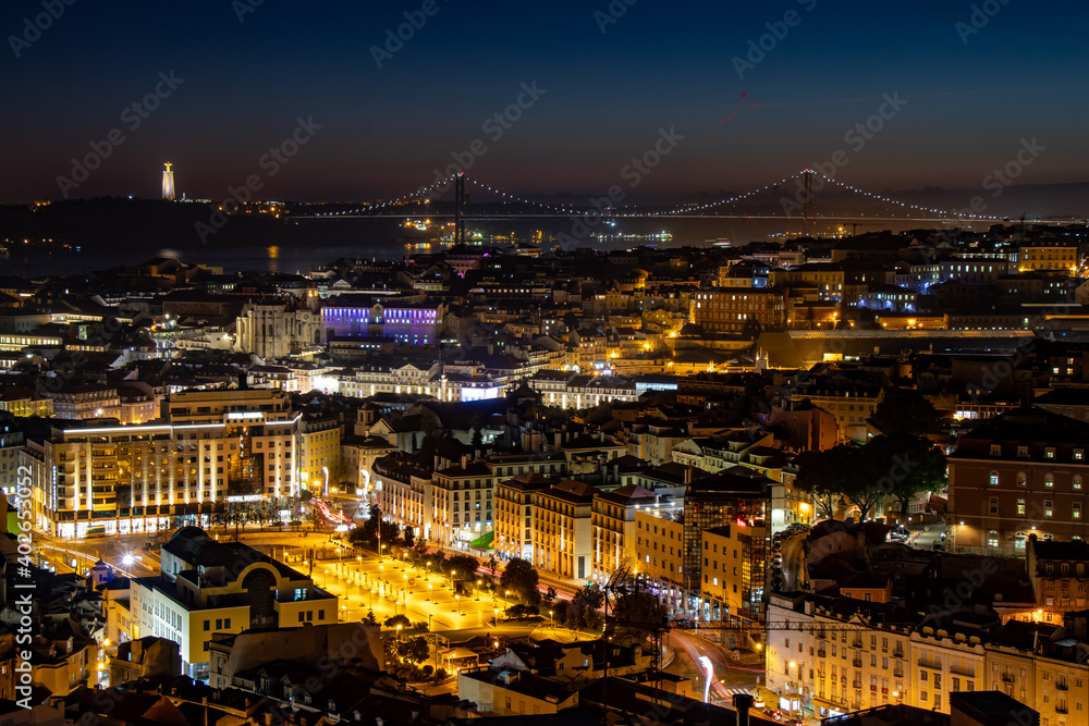 Lisbon, Portugal at night. Winter solstice 2020. View of the city