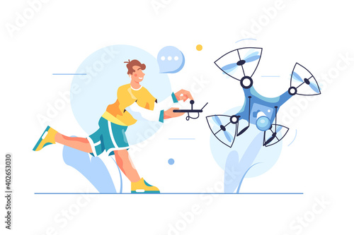 The guy controls a drone with a video camera, guy runs with control panel isolated on white background, flat vector illustration