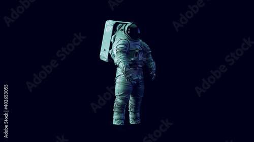 Astronaut with Black Visor and White Spacewalk Spacesuit with Blue and Green Moody 80s lighting 3d illustration render