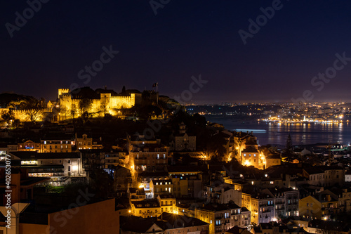 Lisbon, Portugal at night. Winter solstice 2020. View of Sao Jorge castle