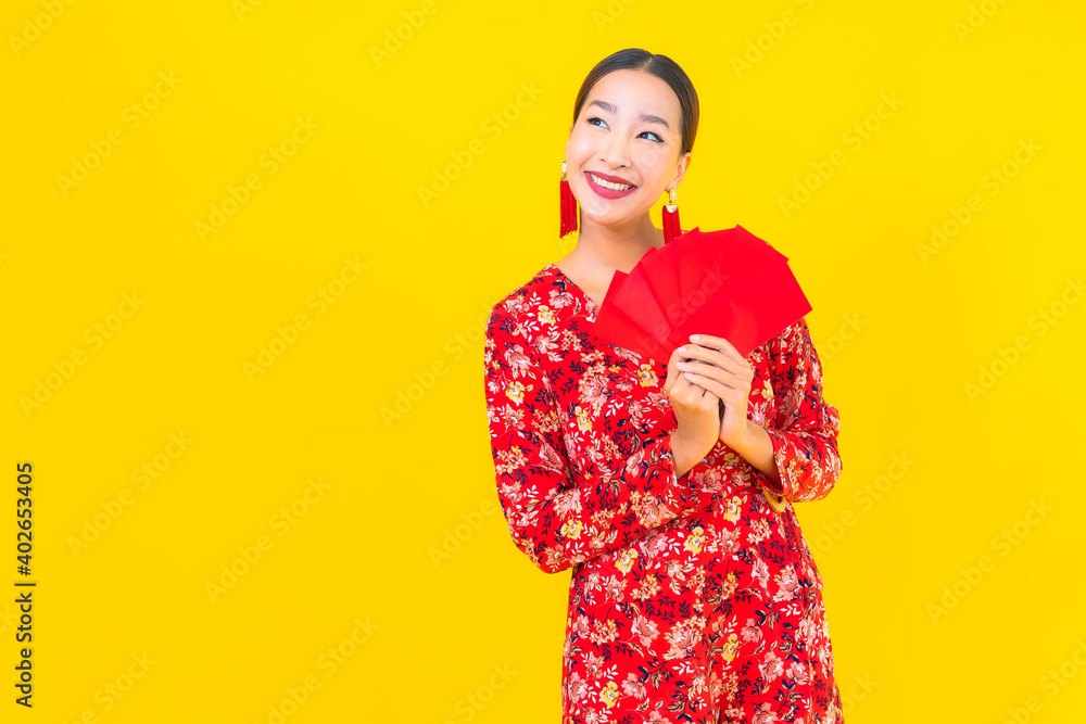 Portrait beautiful young asian woman with red envelopes Portrait beautiful young asian woman with red envelopes