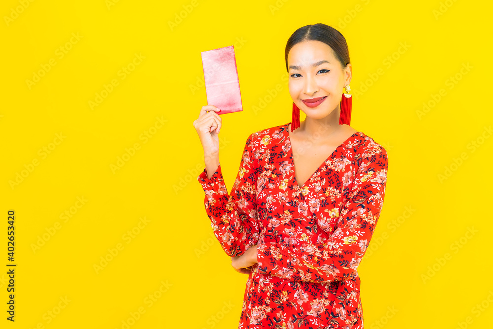 Portrait beautiful young asian woman with red envelopes Portrait beautiful young asian woman with red envelopes
