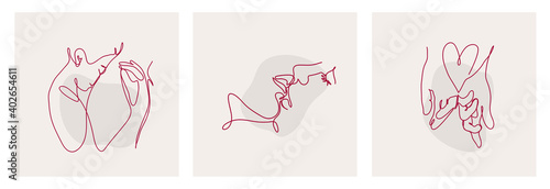 Set of vector one line illustrations, Love concept. Kiss, Lovers, Romance. Kissing couple. Love in one line.
