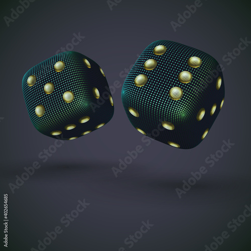 Digital 3D falling casino dices on gray background. Online gambling and virtual casino games. Concept of fortune, success and online betting: craps game play. EPS10, vector illustration.