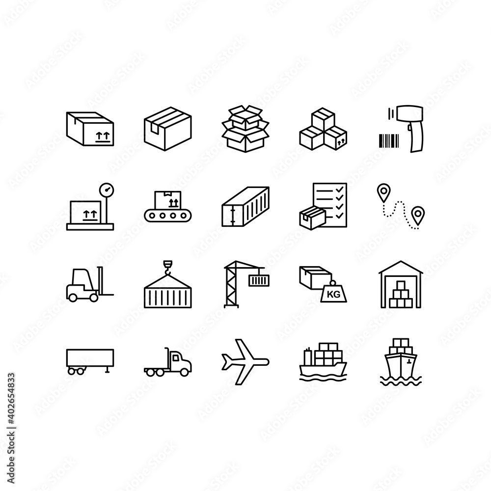 Fototapeta premium Delivery, logistics line icons set. Contains such Icons as Warehouse, Loading, Express Delivery and more. For presentation, graphic design, mobile application, web design. Editable Stroke