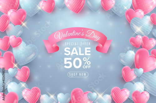 Valentine's day sale banner with heart blue and pink