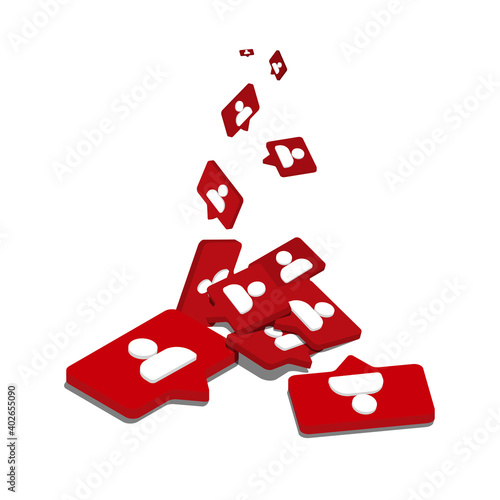 Follower icons on a red pin fall from the sky. Isometric style. Vector illustration.