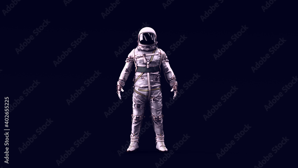 Astronaut with Black Visor and Silver Retro Spacesuit with Bright White 80s lighting 3d illustration render	