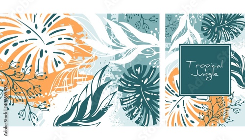 Tropical jungle pattern, handdrawn watercolor vector illustration. Leaves print. Summer design. Creative background. Design for notebook, banner, cover, wallpaper, fabric. Summer sale or text area