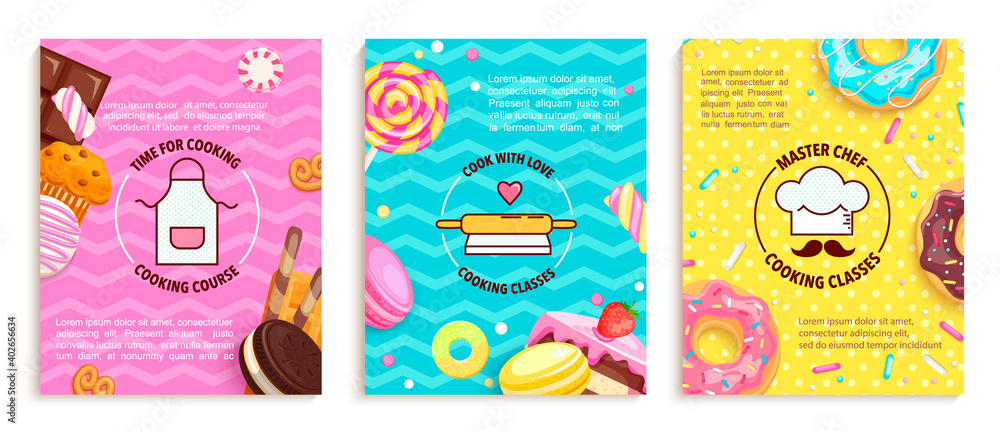 Set of banners for cooking classes and courses.Kitchen icons for education in food studio with sweets,cupcake, chocolate,donut,candy,macaroon,cake for advertise,web,posters,flyers.Vector illustration Set of banners for cooking classes and courses.Kitchen icons for education in food studio with sweets,cupcake, chocolate,donut,candy,macaroon,cake for advertise,web,posters,flyers.Vector illustration