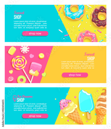 Set of sweet shop horizontal banners with marshmallow,ice creams and place for text for your design.Great template for kids menu,caffee,sweets posters,web,cafeteris advertise.Vector.