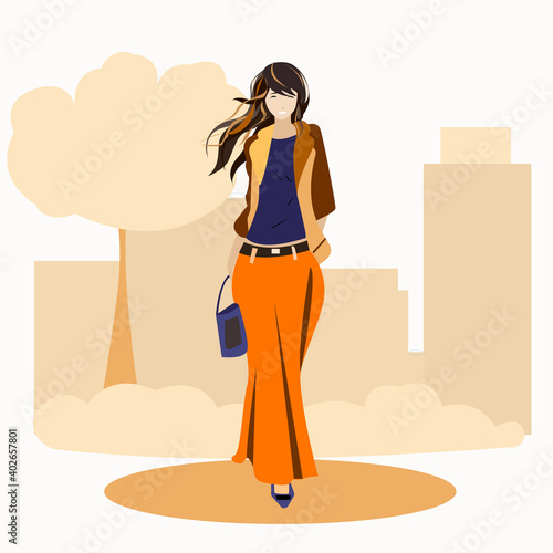 The girl walks through the city and smiles