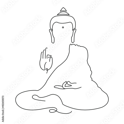 One line art silhouette of buddha isolated on white background for logo, greeting cards, business card. One continuous line drawn Buddha statue Buddhist character.