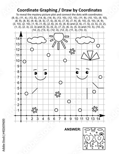 Coordinate graphing, or draw by coordinates, math worksheet with St Valentine's Day two friendly hearts: To reveal the mystery picture plot and connect the dots with given coordinates. Answer included