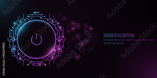 Futuristic power button with computer circuit board on a background with a pattern of hexagons. HUD interface and UI concept. Cyber neon switch. Vector illustration