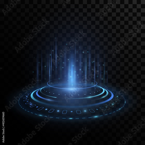Futuristic portal hologram with HUD interface elements on transparent background. Stylish light effect. Glowing circles with highlights and flares. Modern UI design. Vector illustration