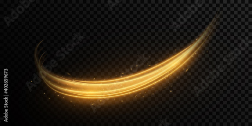 Dynamic light effect with glowing flying particles on a dark transparent background. Sparkling trail after fire. Stylish golden blurred luminescent lines. Vector illustration