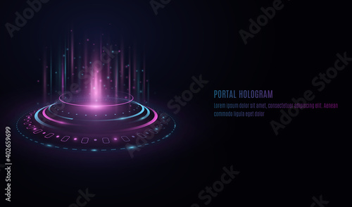 Futuristic portal hologram with HUD interface elements on transparent background. Purple and blue light effect. Glowing circles with highlights and flares. UI design. Vector illustration