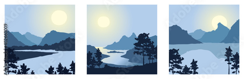 Swedish nature landscapes with mountains and pines. Three vector illustrations. Twilight, sunset. 