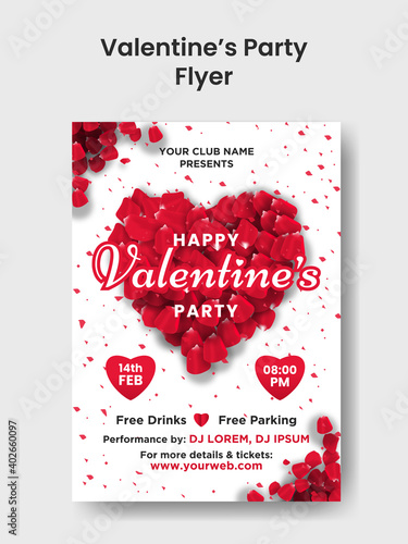 Design for Valentine's Day party flyers, posters or banners. Dance party poster with real looking rose leafs, highlight and wireframe of heart. Vector illustration.