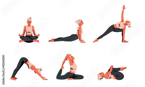 Various yoga poses set. Collection of a young woman performing physical exercises. Female yoga vector illustration. Healthy lifestyle.