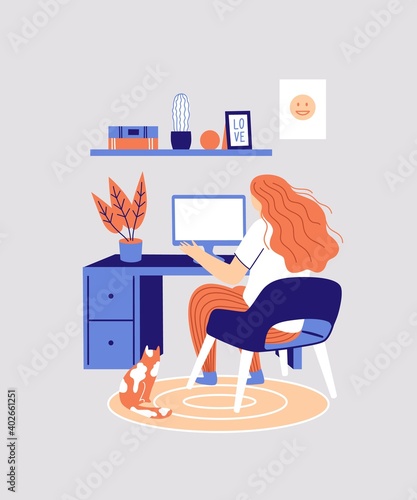 Home office workplace. Freelance woman working at house. Remote working, online study, education. Vector flat illustration