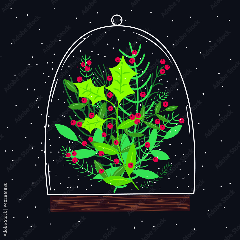 Naklejka premium New Year, Christmas concept, green house and terrarium with spruce and holly branches, it is snowing, dark background. Vector illustration
