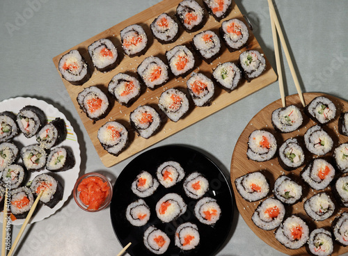 Set of fresh homemade sushi rolls on the table