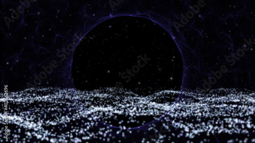 Isolated black background. Abstract particles. The night sea reflects bright moonlight. 3D illustrations.