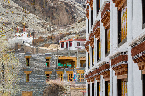 Tibetan traditional wooden buildings of Hemis monastery in the valley Himalayas of  Leh, Ladakh,  Jammu and Kashmir photo