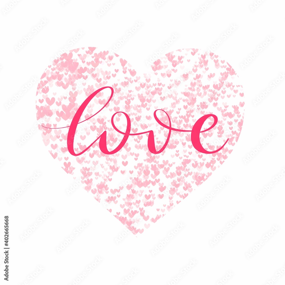 Love hand lettering with  heart  background in Valentines day  isolated On White Background