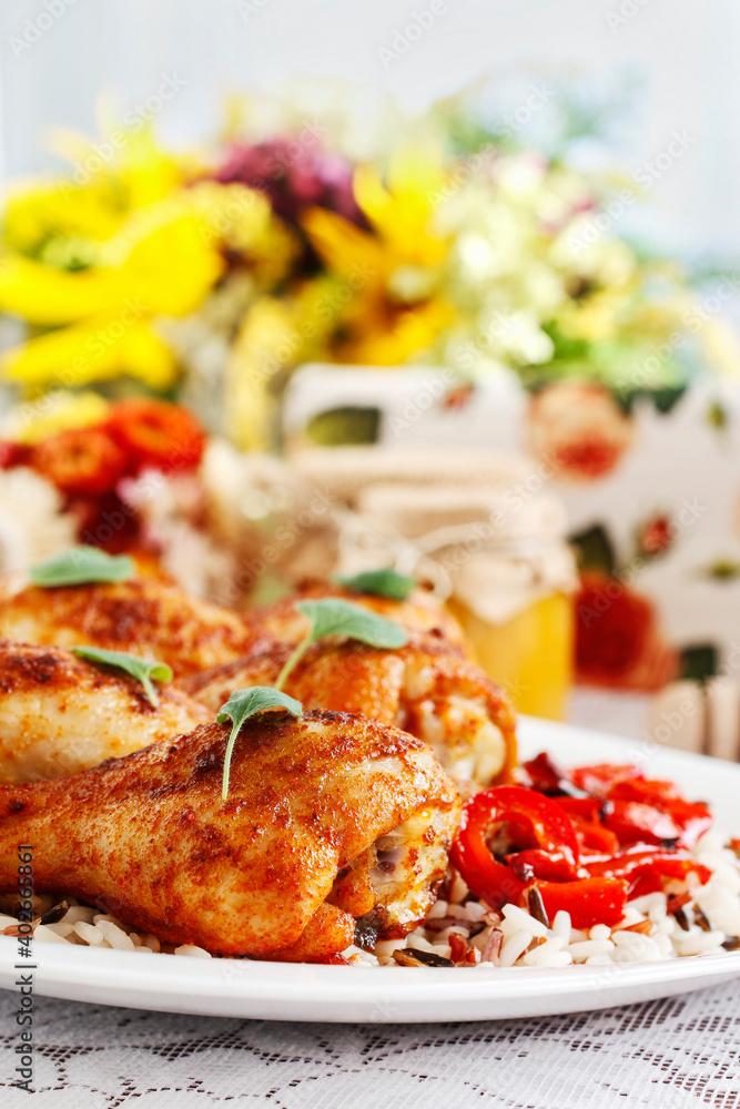 Indian cuisine: roasted chicken with rice and vegetables. Indian cuisine: roasted chicken with rice and vegetables.