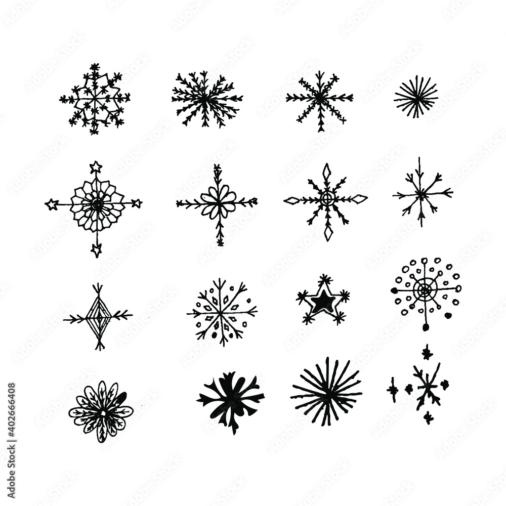 Big set of doodle snowflakes isolated on white. Vector hand drawn illustration for card, poster, web, app, symbol , new year, christmas, icons, logo, print, pattern, postcard Big set of doodle snowflakes isolated on white. Vector hand drawn illustration for card, poster, web, app, symbol , new year, christmas, icons, logo, print, pattern, postcard