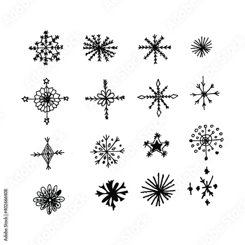 Big set of doodle snowflakes isolated on white. Vector hand drawn illustration for card  poster  web  app  symbol   new year  christmas  icons  logo  print  pattern  postcard