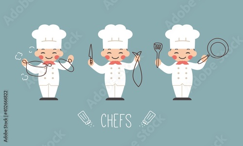 Trio Happy Chefs and Their Cooking Vector Illustration