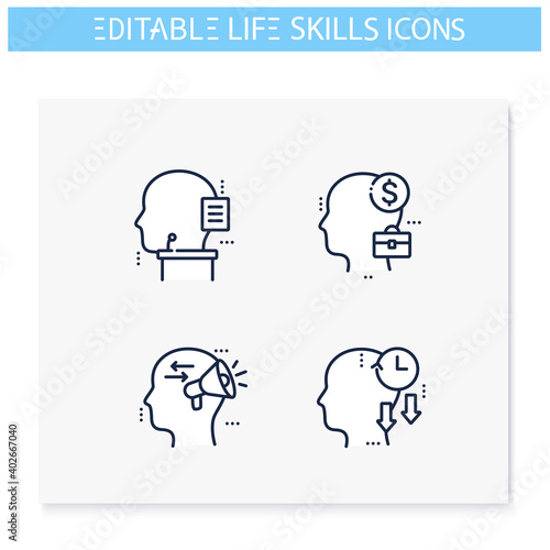 Life skills line icons set. Personality strengths. Oratory, management, business skills and more. Soft skills concept. Human resources management. Isolated vector illustrations. Editable stroke 