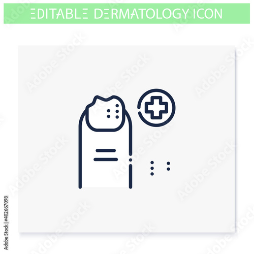 Nail disease icon. Podology, dermatology disease. Fungal infection, psoriasis. Nail care, cosmetology, medicine. Health and beauty concept. Isolated vector illustration. Editable stroke 