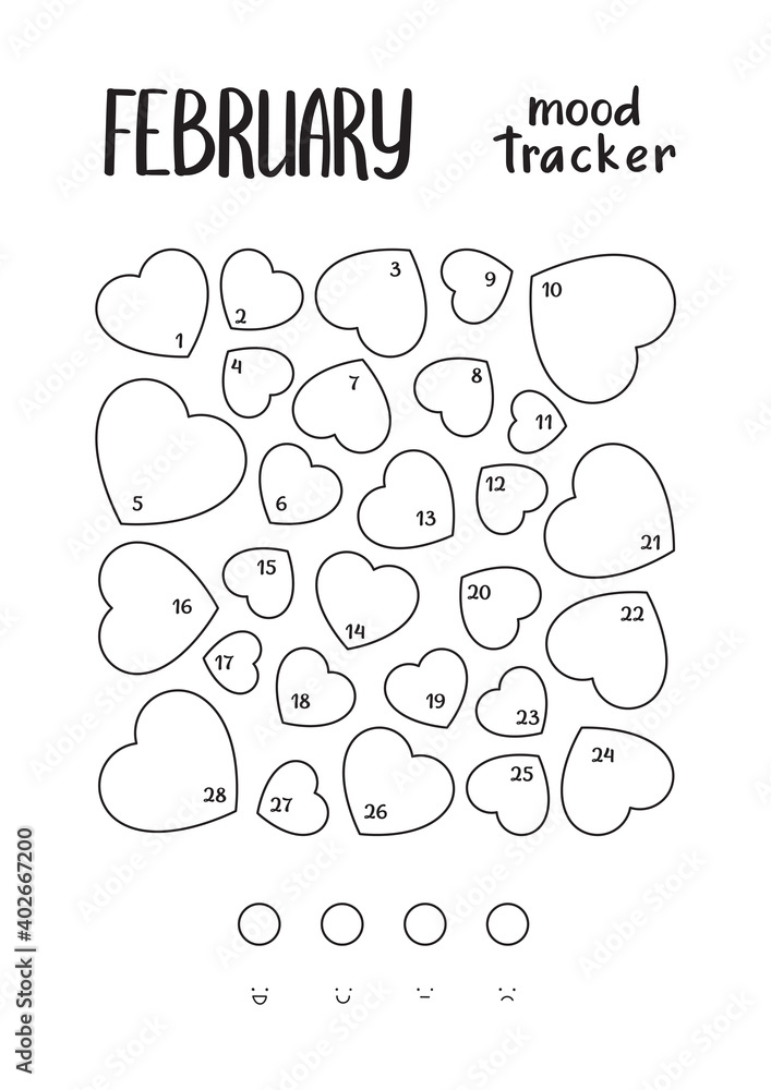 A4 print mood tracker for February with hearts. Tracker for tracking your daily mood for 28 days A4 print mood tracker for February with hearts. Tracker for tracking your daily mood for 28 days