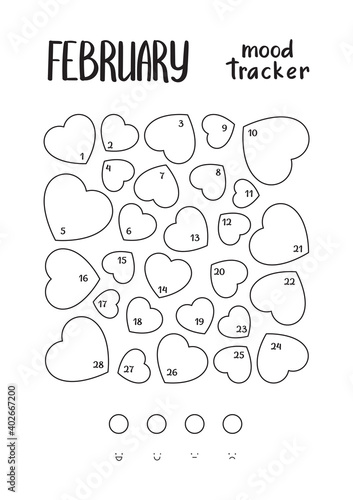 A4 print mood tracker for February with hearts. Tracker for tracking your daily mood for 28 days